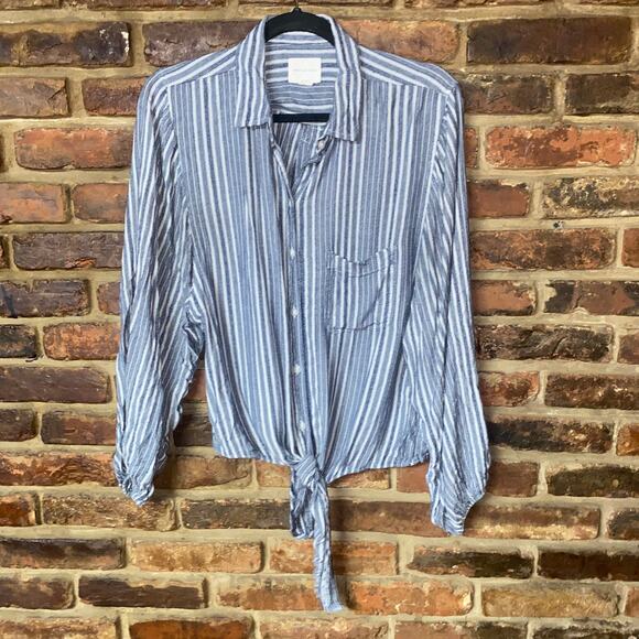 American Eagle Blue White Striped Tie Waist Long Sleeve Button Up Top Medium - Picture 1 of 6